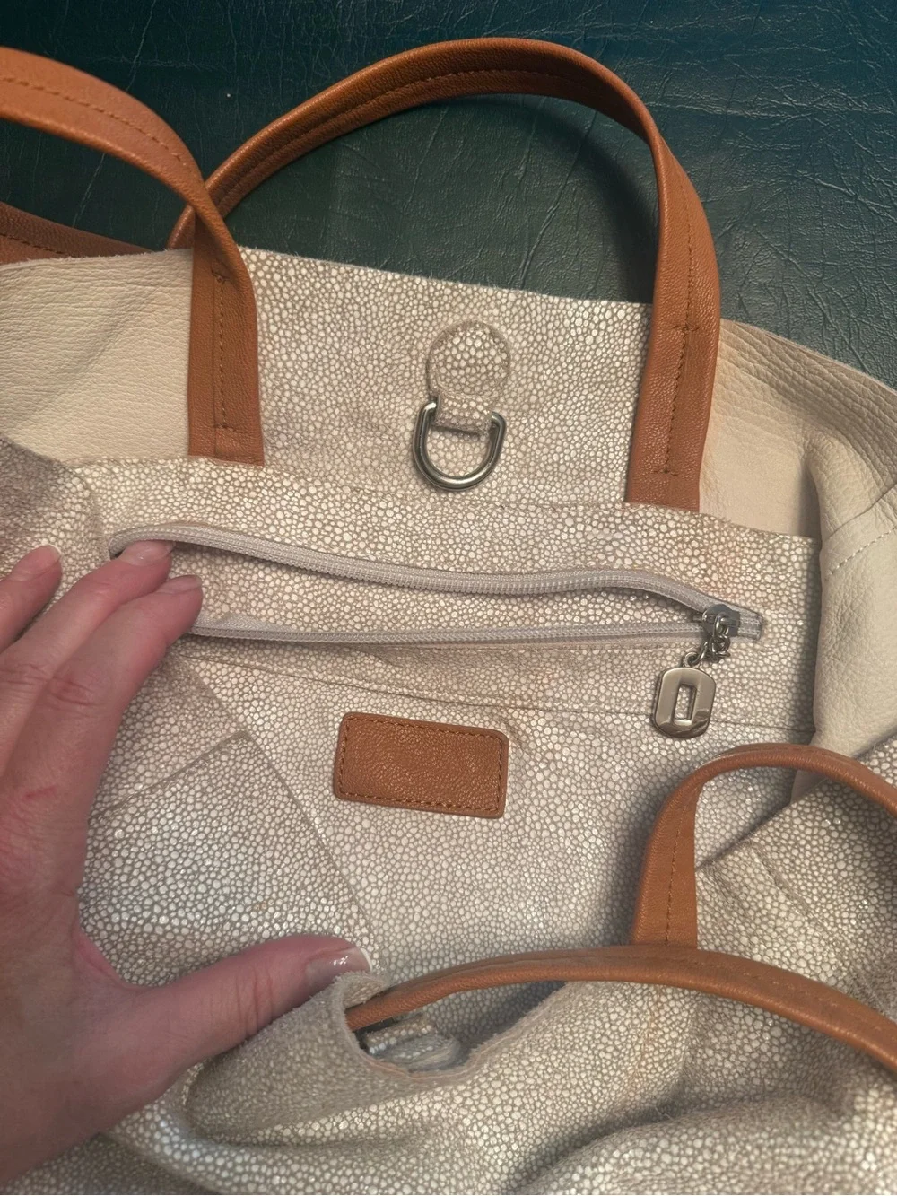 White and Silver Shimmery Textured Leather Tote Bag with Brown Straps